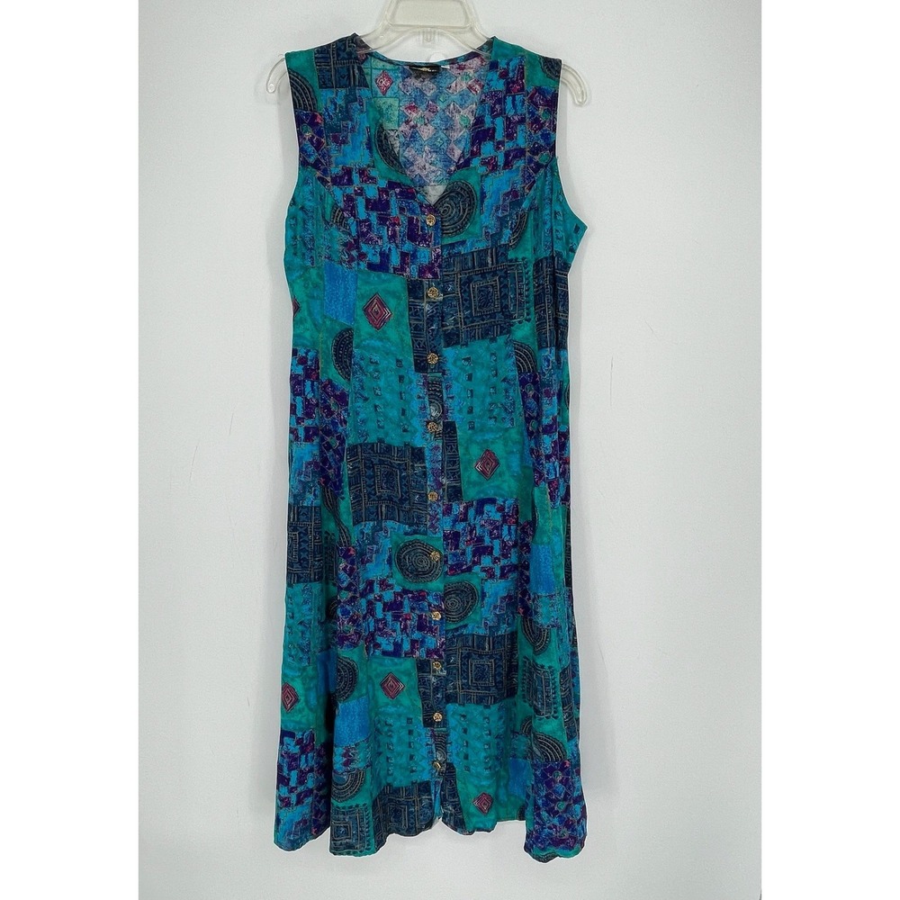 Karibo Women's Vintage Teal Abstract Sleeveless Button Front Midi Dress Size L